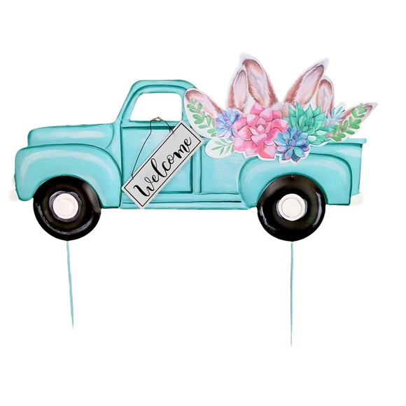 Farmhouse Easter Metal Green Truck With Rabbit Ears Yard Decor - Picture 1 of 1